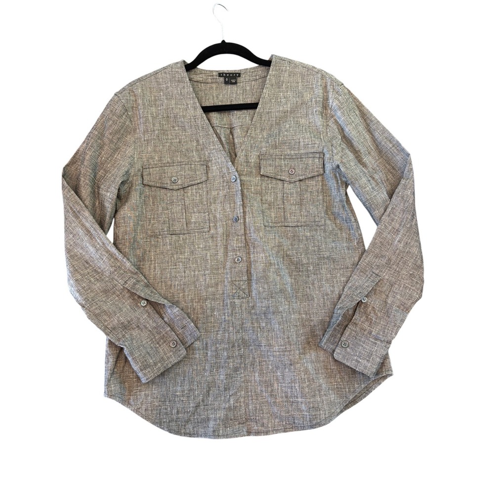 Theory Womens Gray Linen Blend V-Neck Button Tab Popover Blouse Size S
